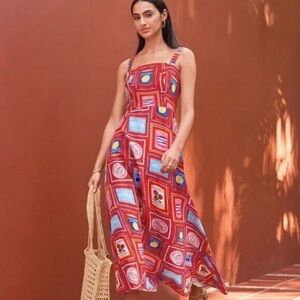 LOFT Can Print Linen Blend Strappy Midi Dress